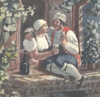 Cette peinture d'esthétique traditionnelle représente une scène intimiste entre un homme et une femme qui se regardent en partageant une boisson dans un cadre rustique et une ambiance naturelle et ombragée. Le couple est vêtu de costumes traditionnels : chemises blanches amples, pantalons et foulards ou bonnets clairs sur la tête. L'homme se tient assis sur une sorte de muret de pierre, un bras autour des épaules de la femme dont le buste émerge d'une sorte de fenêtre. La composition est marquée par des tons chaleureux et une atmosphère détendue. Leurs visages tournés l'un vers l'autre et la position des corps évoquent une proximité affective entre les deux personnages.